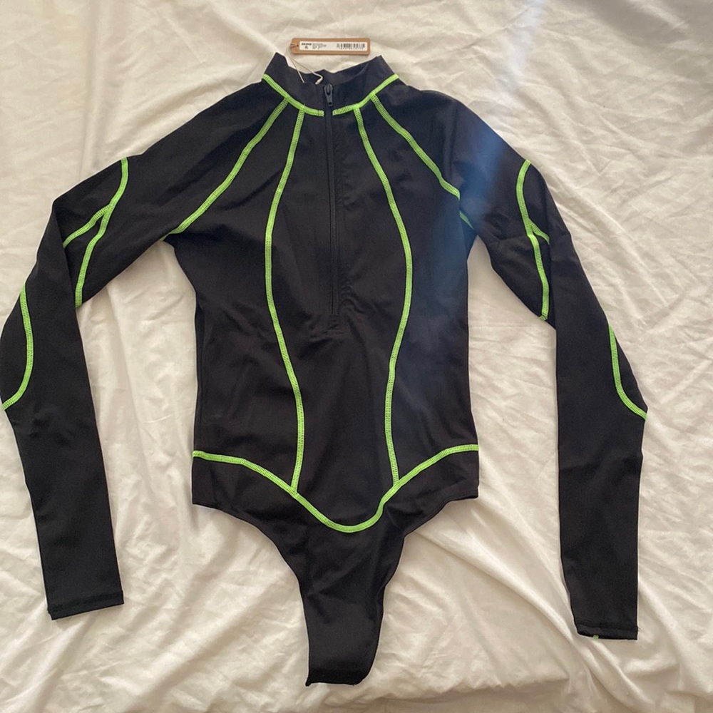 SKIMS Black Long-Sleeve Bodysuit with Neon Green Piping
